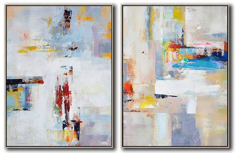 Large Abstract Painting Canvas Art,Set Of 2 Contemporary Art On Canvas,Acrylic Painting On Canvas White,Blue,Violet Ash,Red,Grey